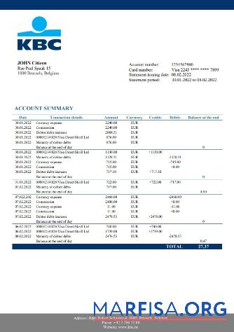 Blank Belgium KBC bank statement word verion 2 example